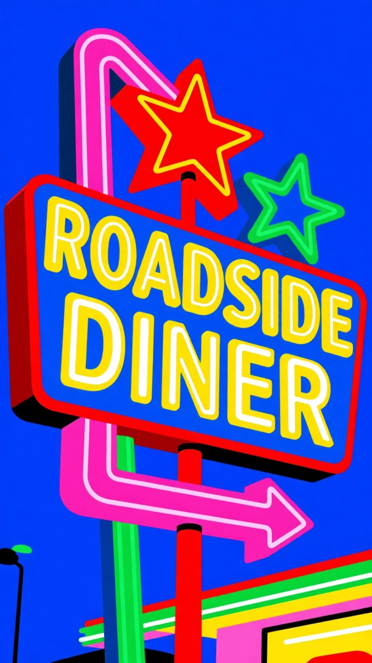 Retro roadside diner sign glowing at night