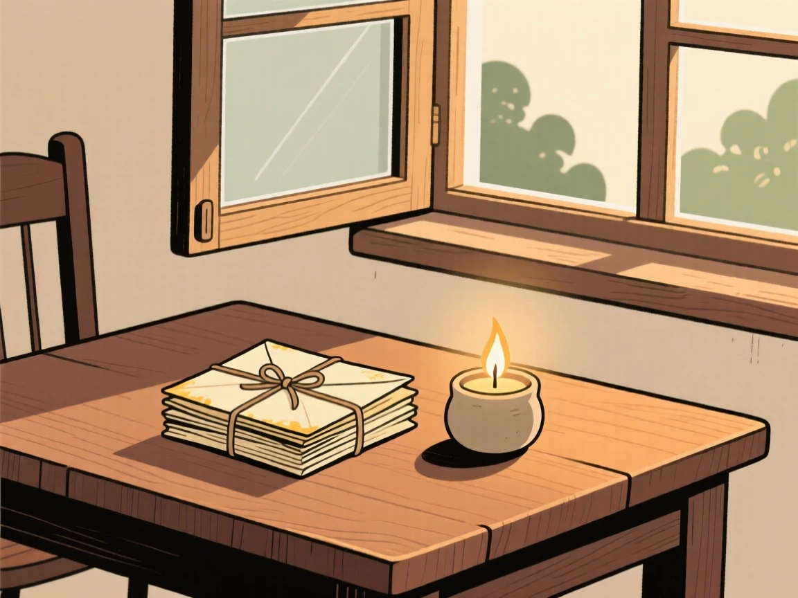 A wooden table holds a simple arrangement of a stack of old letters and a candle, lit softly by late afternoon light beside a open window.
