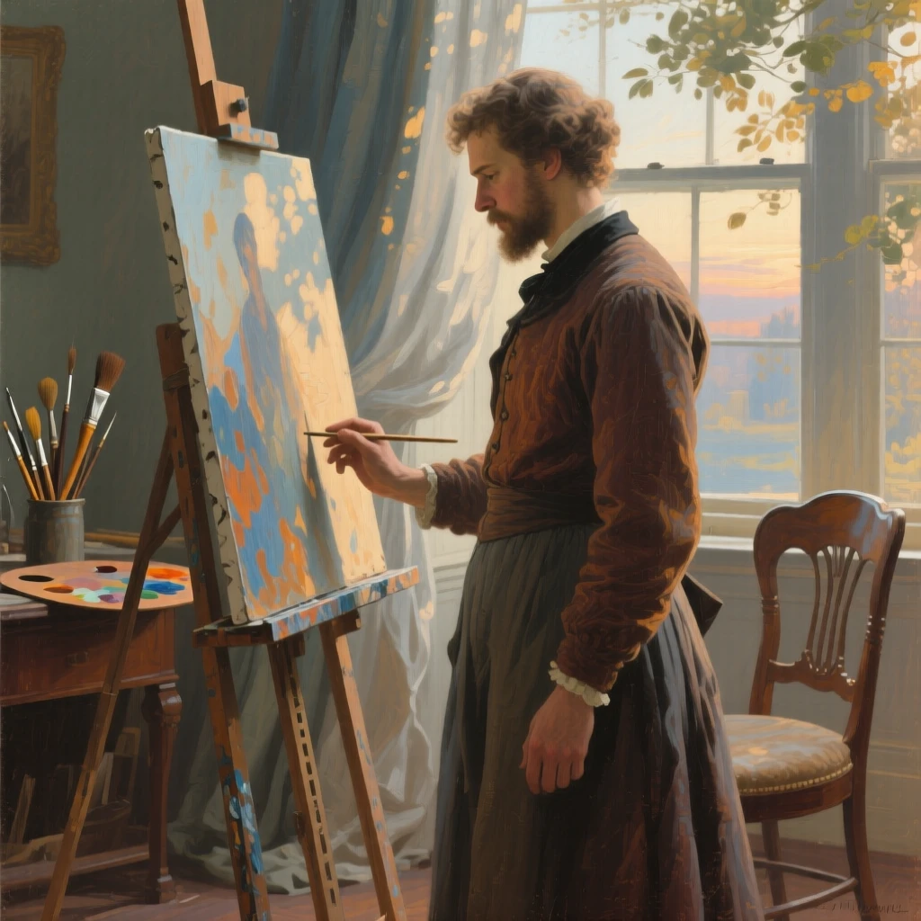 An intimate close-up of a painter standing before an easel in dappled sunlight, at dawn, in the Victorian era.