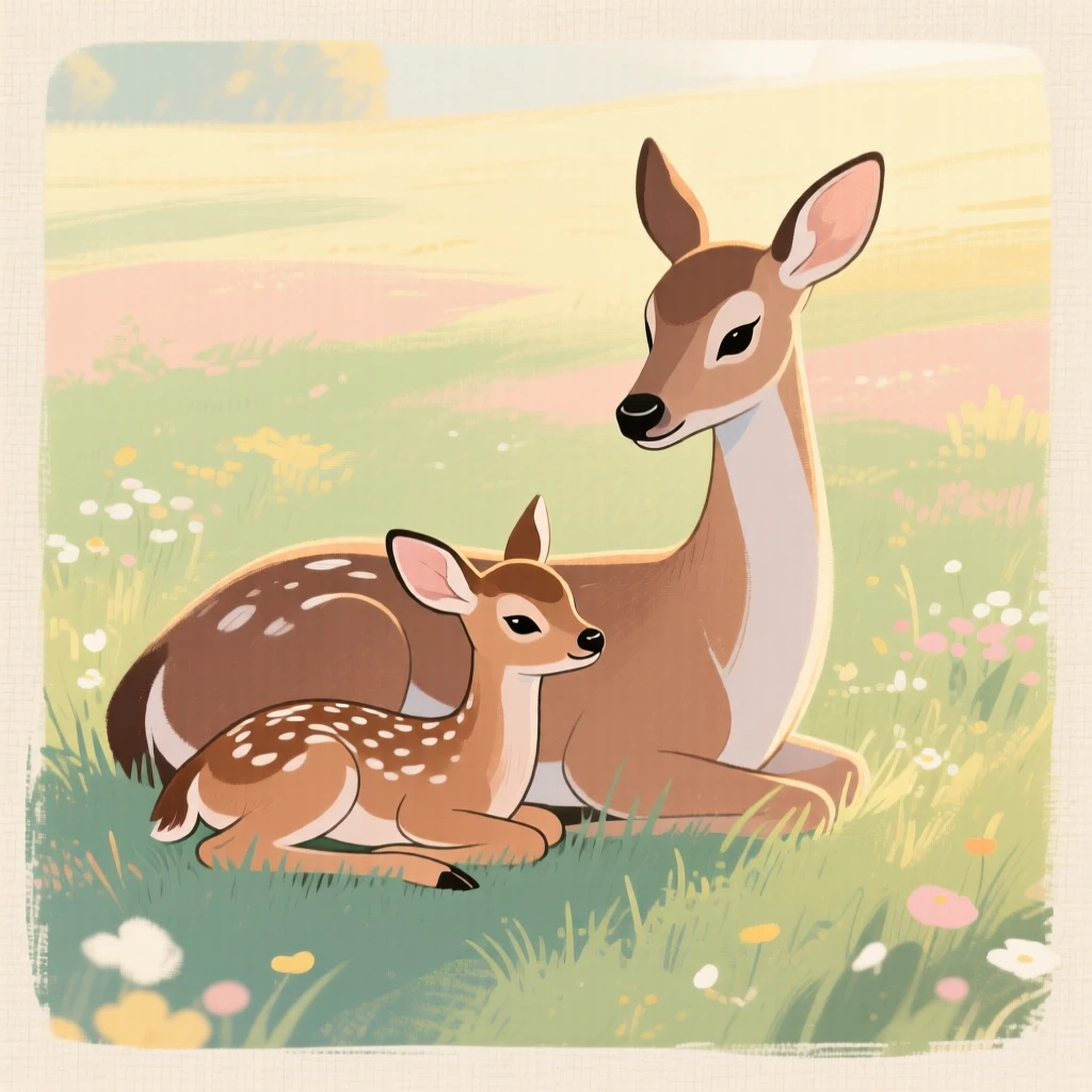 A spring meadow where a fawn rests beside its watchful mother