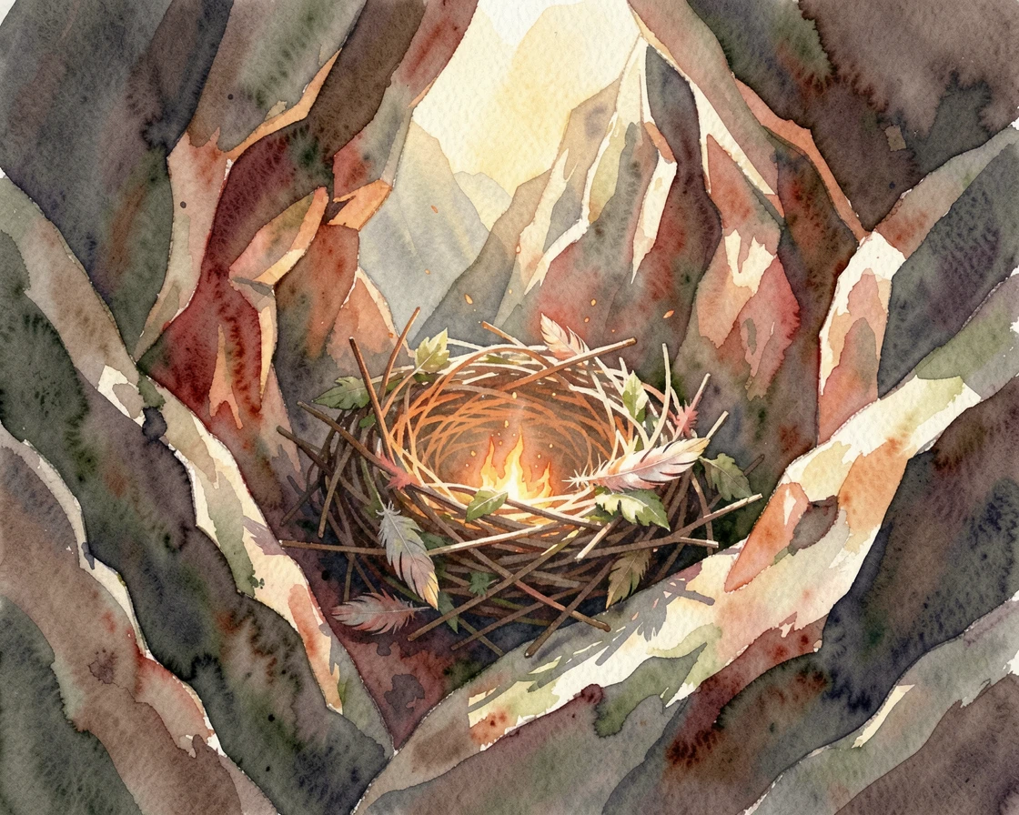 A phoenix nest cradled in a mountain crevice.