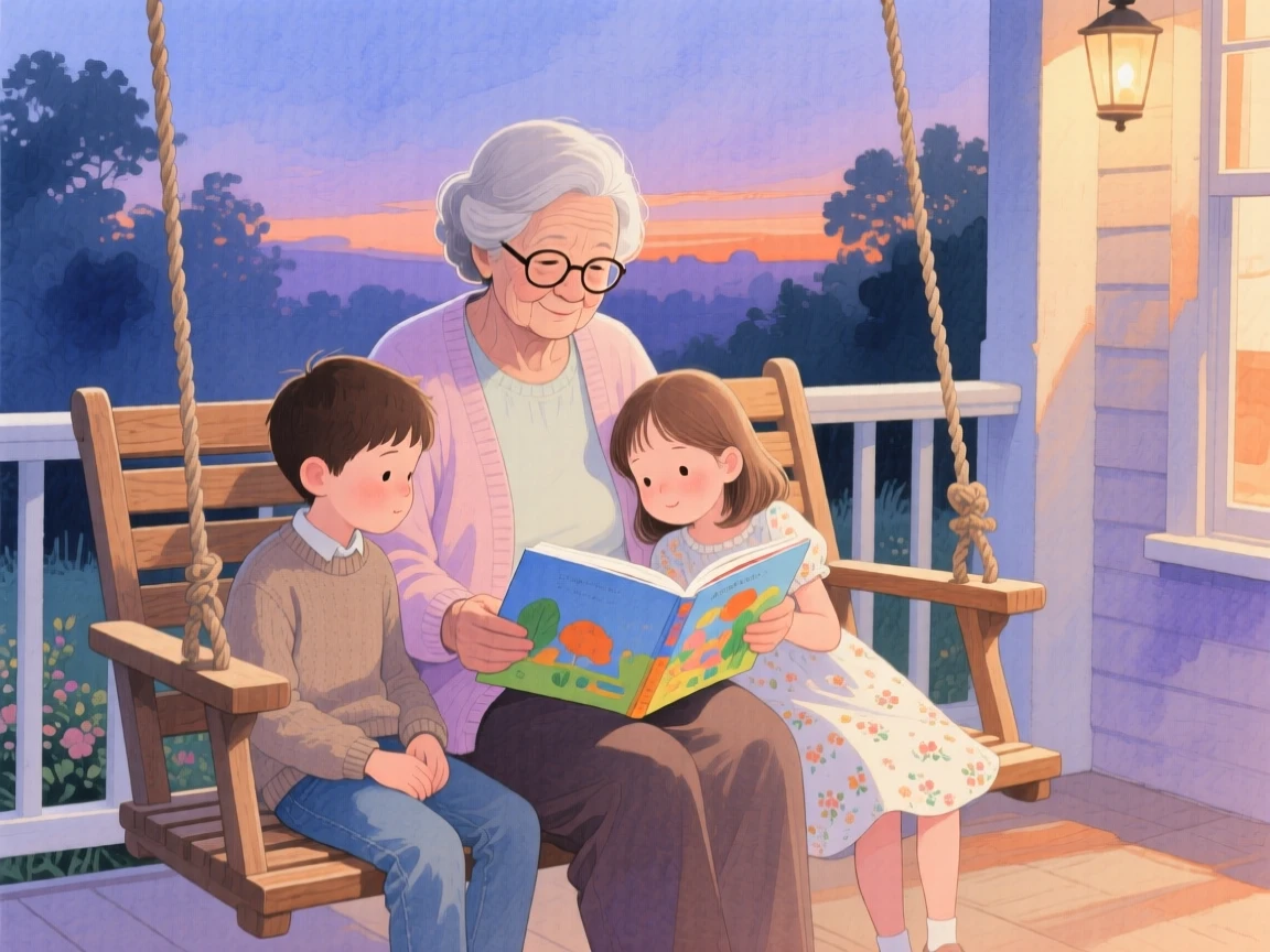 A grandmother reads a picture book to two children curled beside her on a porch swing at dusk
