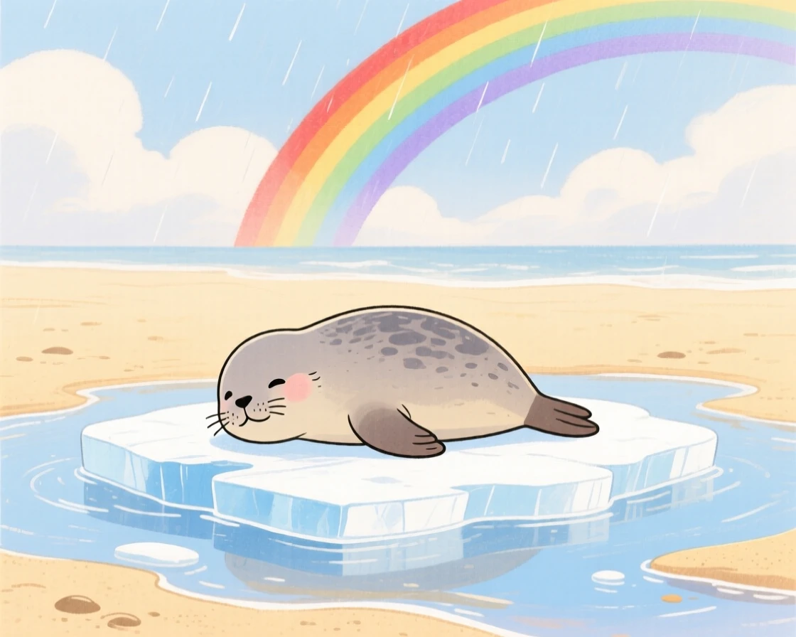 A seal pup resting on ice resting peacefully in a sandy beach at low tide just after a rainbow appears.