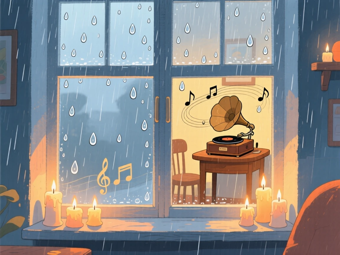 A rainy afternoon scene of raindrops on a windowpane with candles flickering inside, with the quiet hum of a record player in the background, evoking deep comfort and contentment.