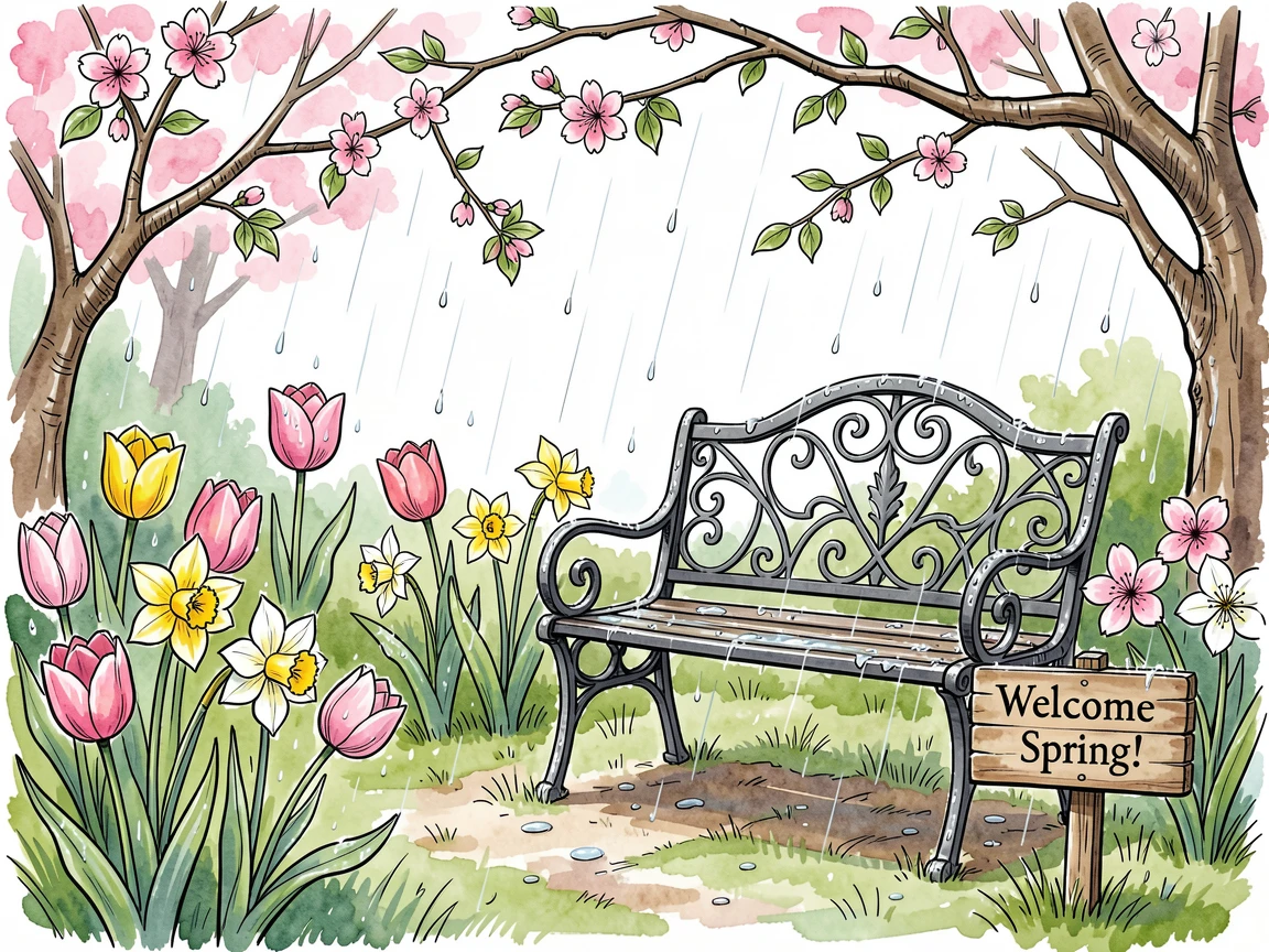 A spring rain shower over a garden bursting with fresh blooms, the mood cozy, joyful, and full of seasonal spirit.