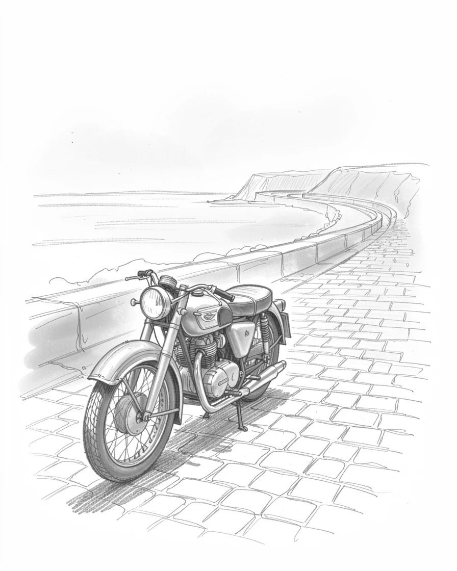 A striking scene of a vintage motorcycle parked on a cobblestone street along a winding coastal road, with soft morning fog rolling through the scene.