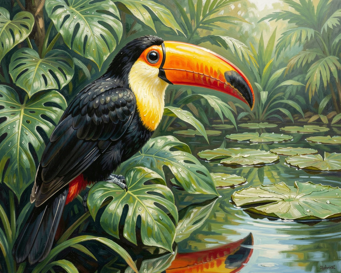 A colorful toucan perched among tropical leaves, beside a still pond fringed with lily pads, its reflection mirrored perfectly in the still water, under soft, diffused midday light.