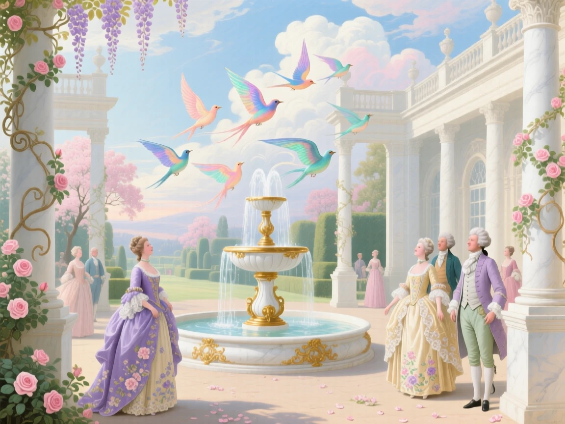 A palace courtyard where clouds gather in the fountain and become birds  
