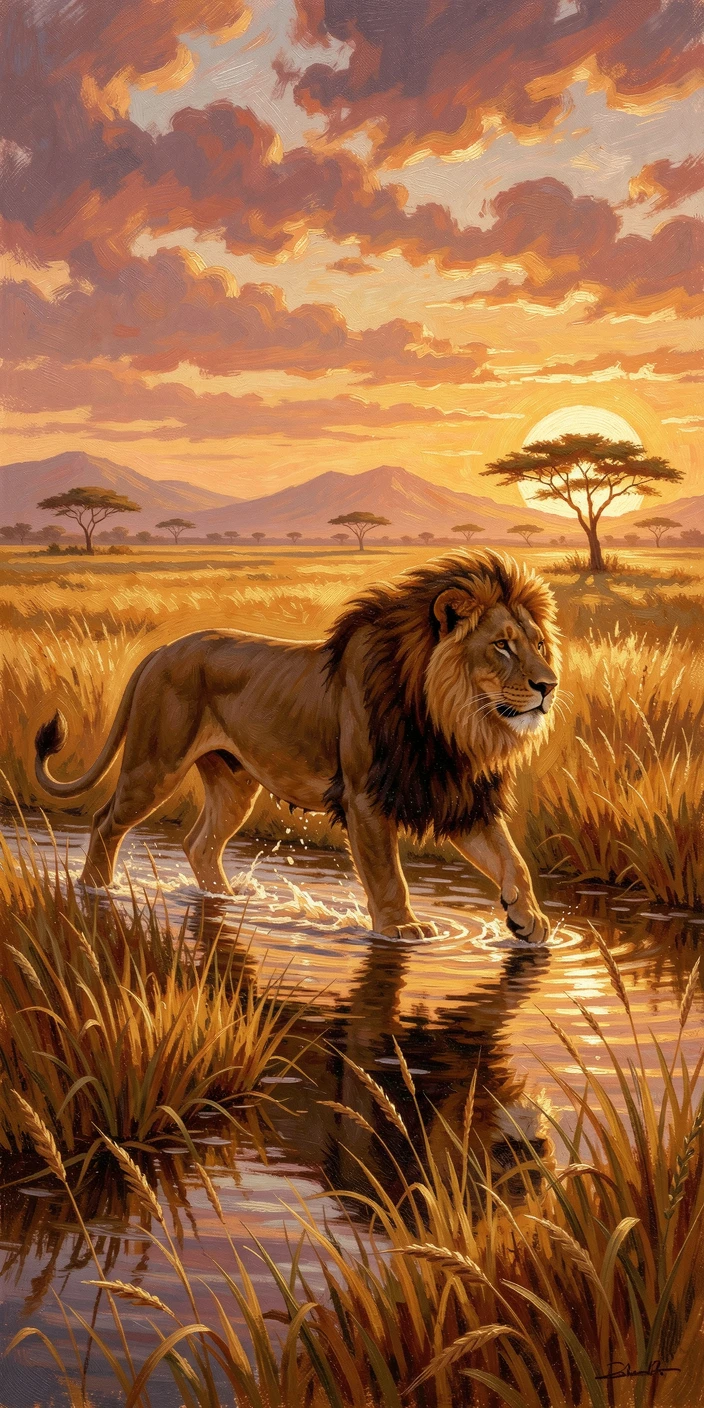 A lion wades through a golden savanna at sunset as the sun dips below the horizon.