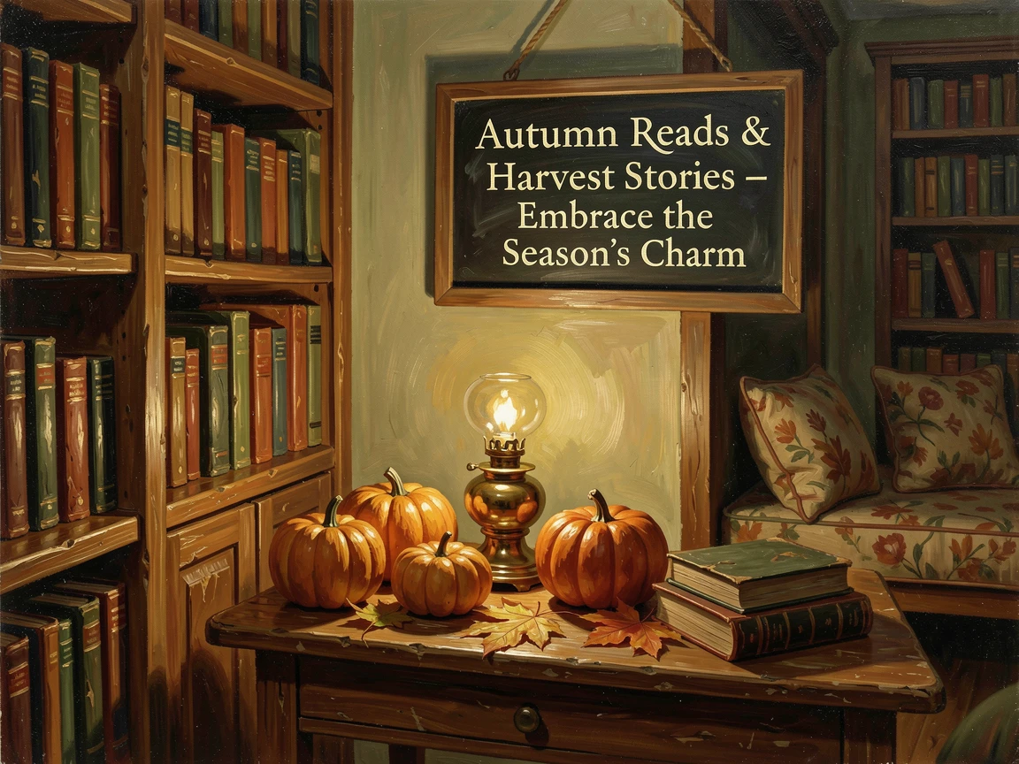 A cozy autumn bookstore corner decorated with pumpkins and warm lighting, with cozy, festive details adding charm to the setting, celebrating the beauty and traditions of the time of year