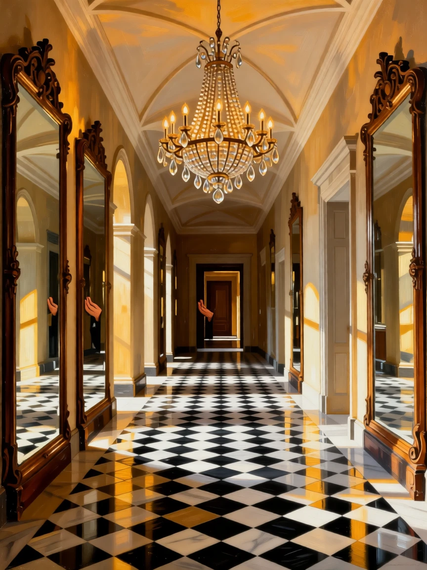 A grand foyer with a checkerboard marble floor and crystal chandelier standing empty in the golden hush of late afternoon, set inside a centuries-old cathedral of quiet reverence, with tall mirrors reflecting endless corridors of light and shadow; a central vanishing point draws the viewer deep into the grand space, suggesting both luxury and profound stillness.