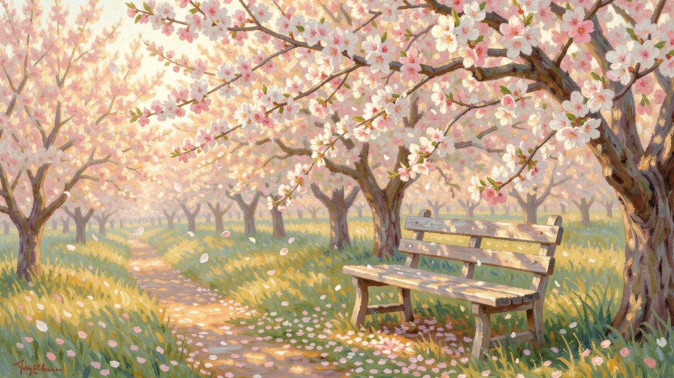 An orchard in full blossom, pink and white petals drifting onto a grassy path where a wooden bench sits beneath the branches, filled with a cozy, comforting atmosphere.