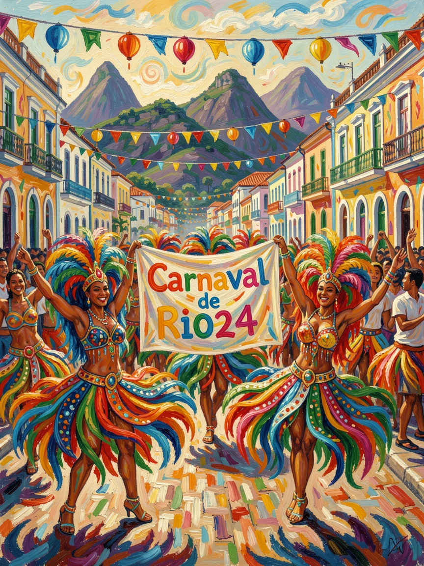 A colorful procession of dancers celebrating Carnival in the streets of Rio de Janeiro.