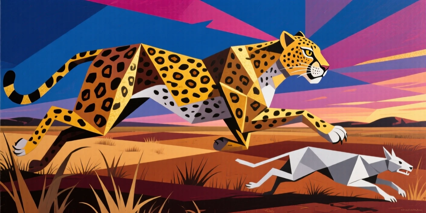 A cheetah sprinting across the plains in pursuit of prey at dusk.