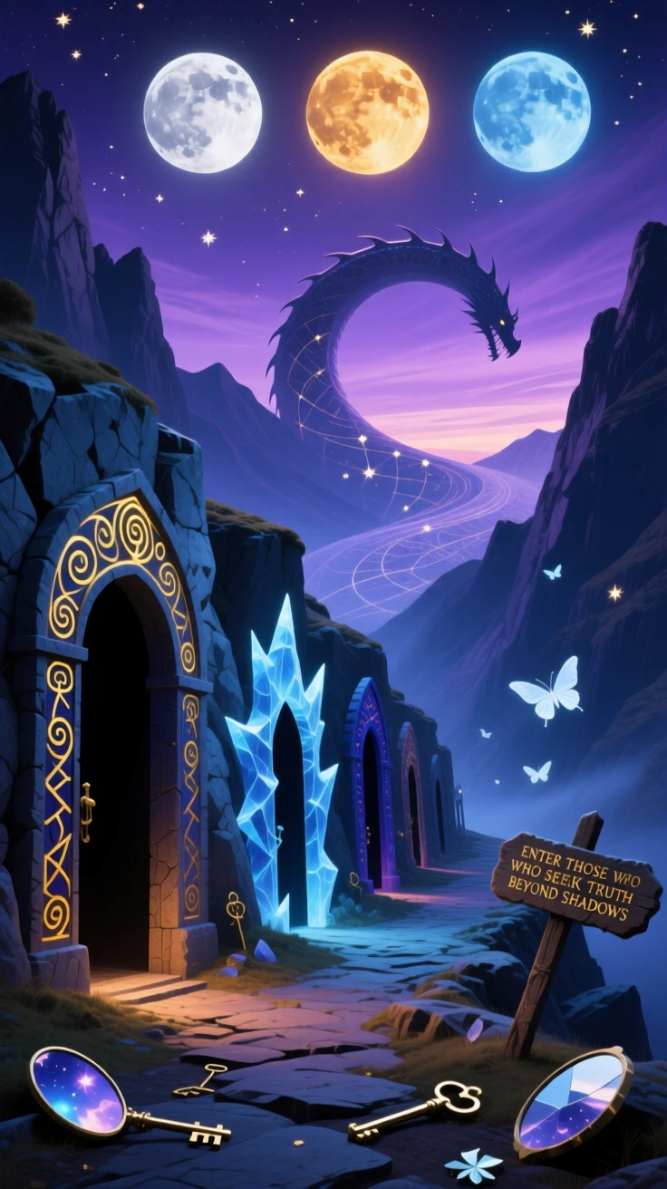 A mountain pass lined with doorways carved into solid rock lies silent under the pale glow of three distant moons, as the horizon bends gently upward at its farthest edge.