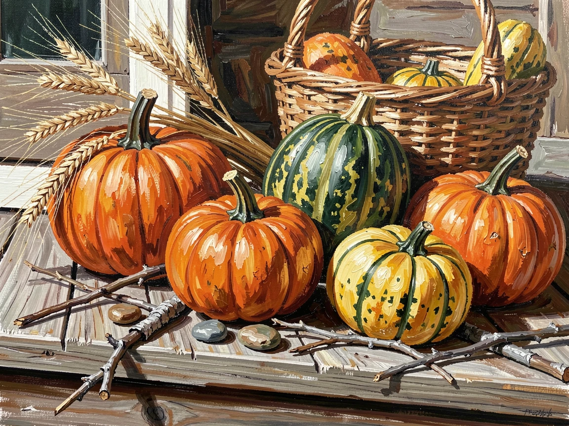 A cluster of autumn gourds and pumpkins is arranged beside dried wheat stalks and a woven basket on a rustic wooden porch step, small natural details like scattered stones and fallen branches adding quiet interest to the ground.