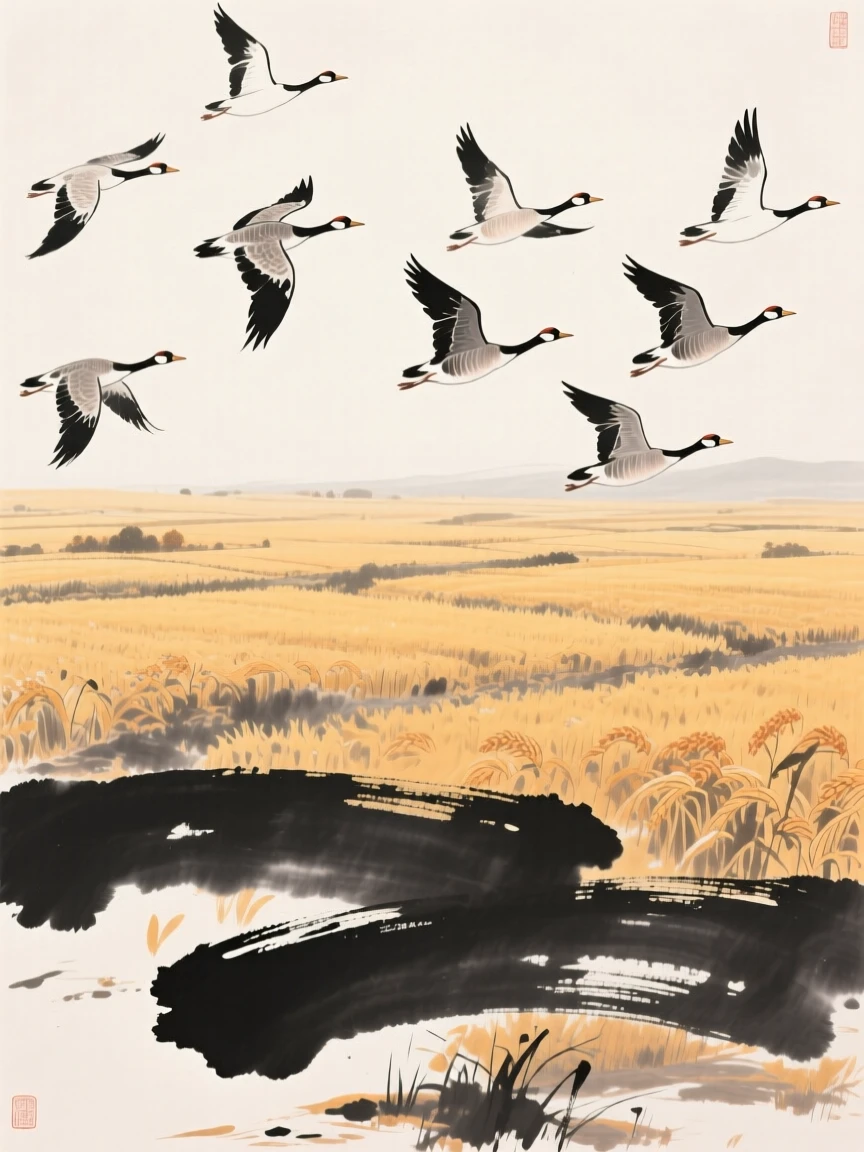 Wild geese fly south above fields turning golden with the harvest, as the last warmth of the season lingers in the air.