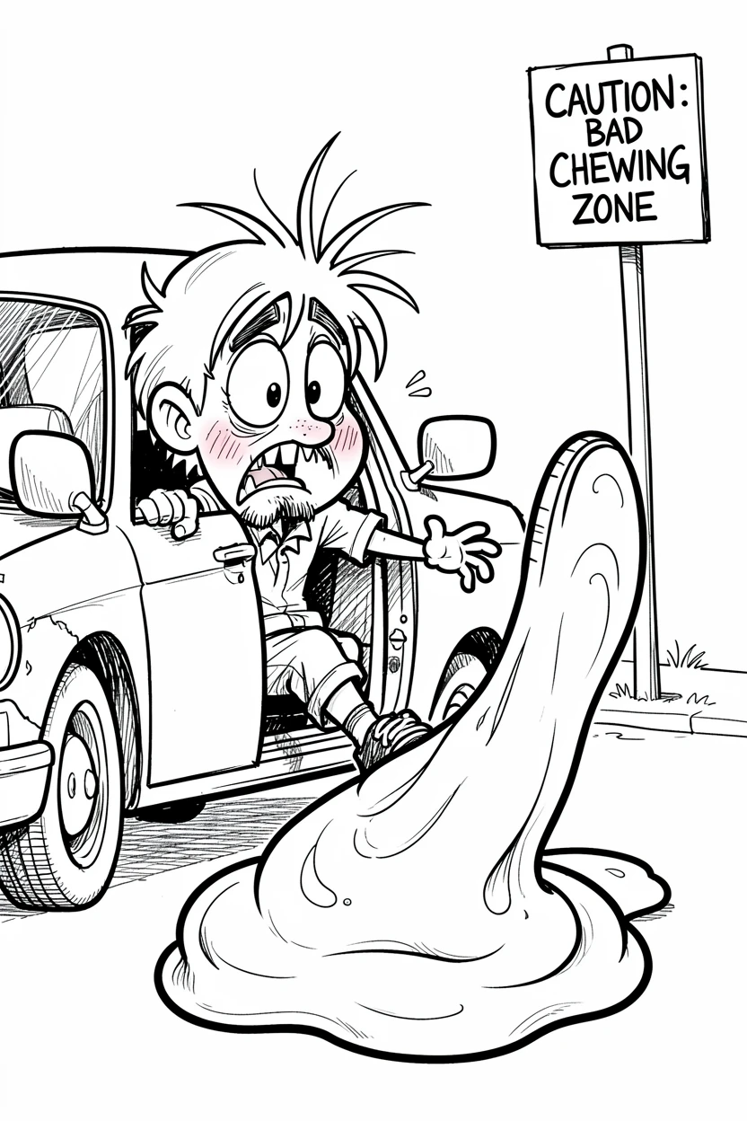 [Funny & Exaggerated Situations] Comical scene of a flustered new driver getting a shoe stuck in bubblegum, exaggerated for maximum laughs