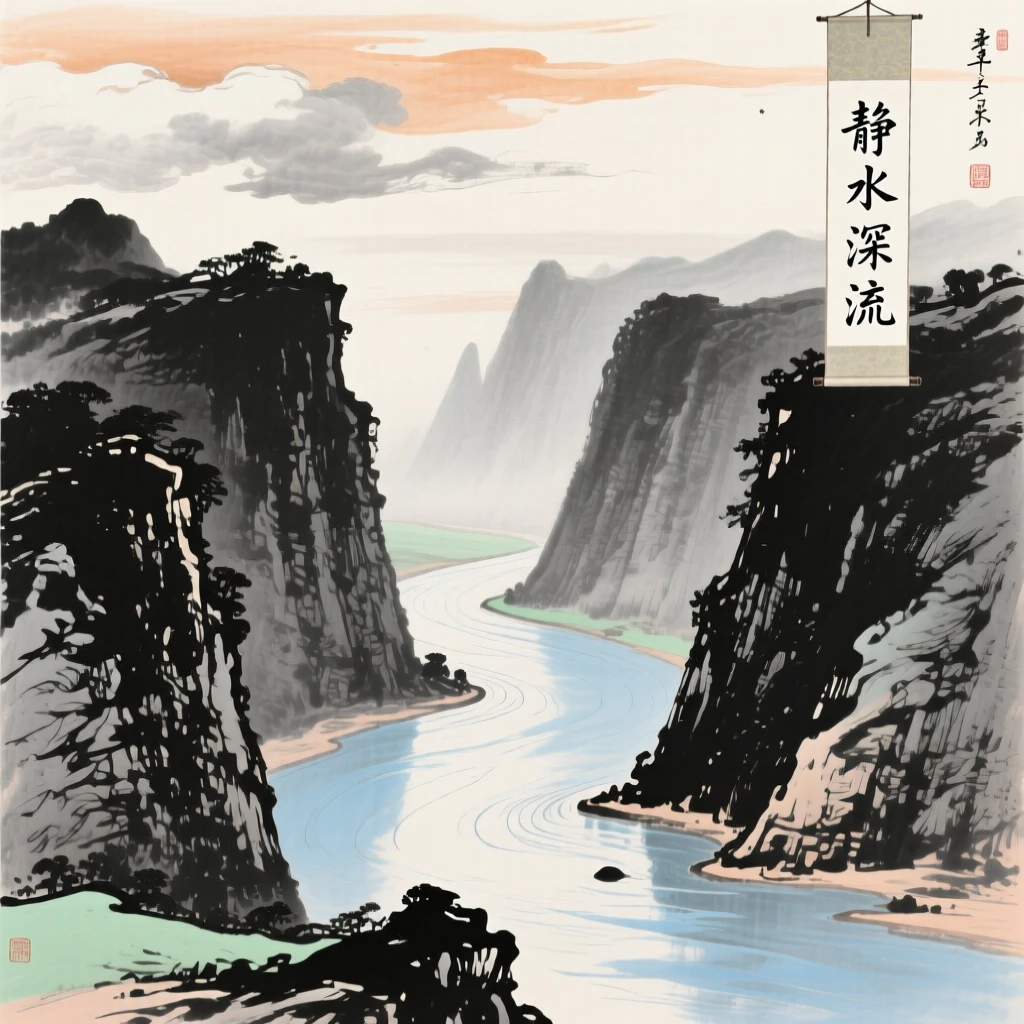 A winding river flowing gently between steep cliffs, at midday, beneath low hanging clouds.