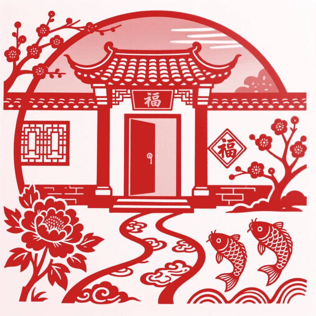 A courtyard house, in the golden hush of a summer evening, a winding path leading visitors toward its door.