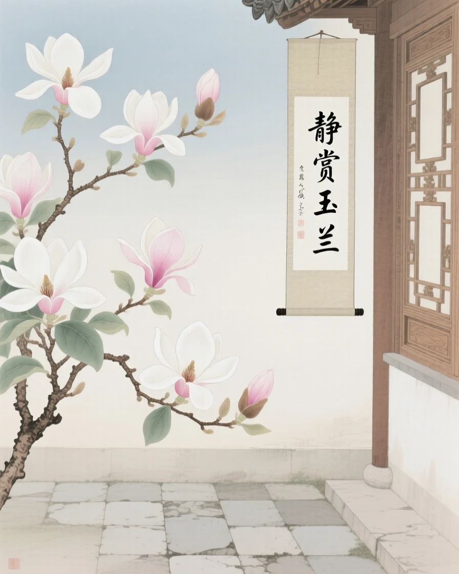 Magnolia flowers against a pale sky in the corner of a quiet scholar's courtyard