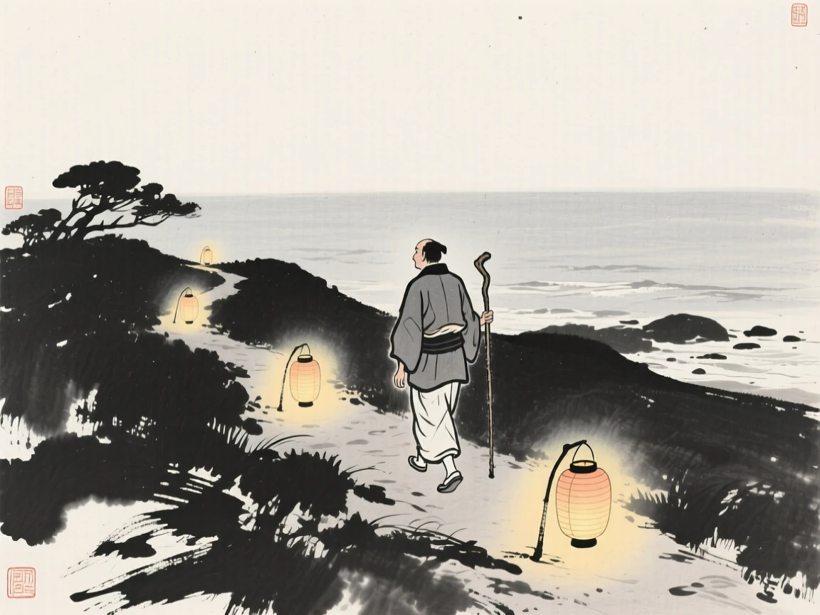 A lone traveler with a walking staff walking home along a lantern-lit path on a hillside overlooking the sea, framed intimately, focusing on quiet gesture and expression, capturing an everyday moment full of gentle humanity.