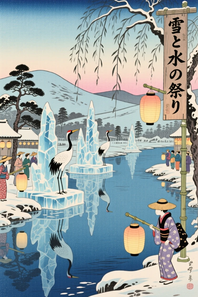 A snow and ice festival reflected shimmering in calm evening water.