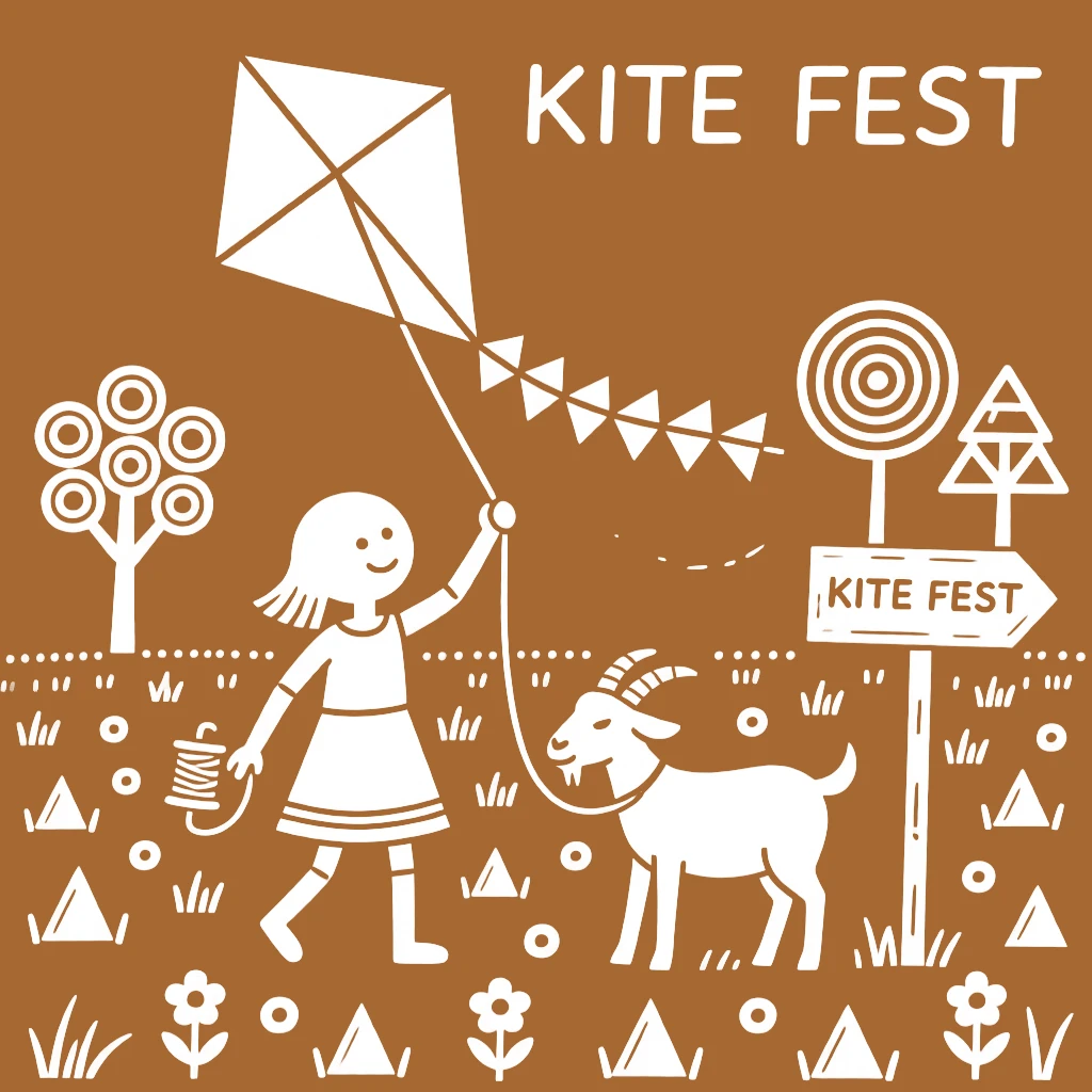 A girl and her pet goat flying a homemade kite in an open field.