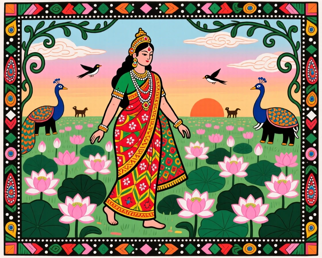 Lakshmi walking through a field of blooming lotus at dawn.