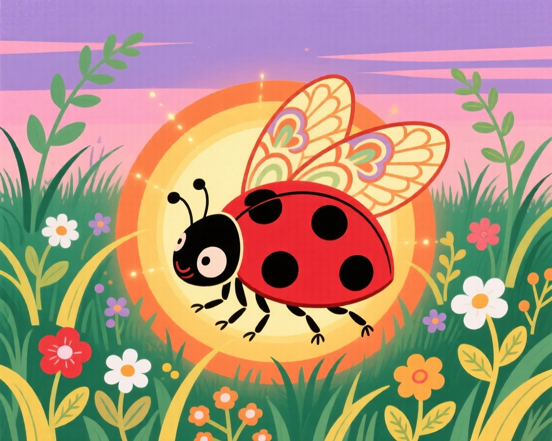 A ladybug glowing softly at dusk in a summer meadow.