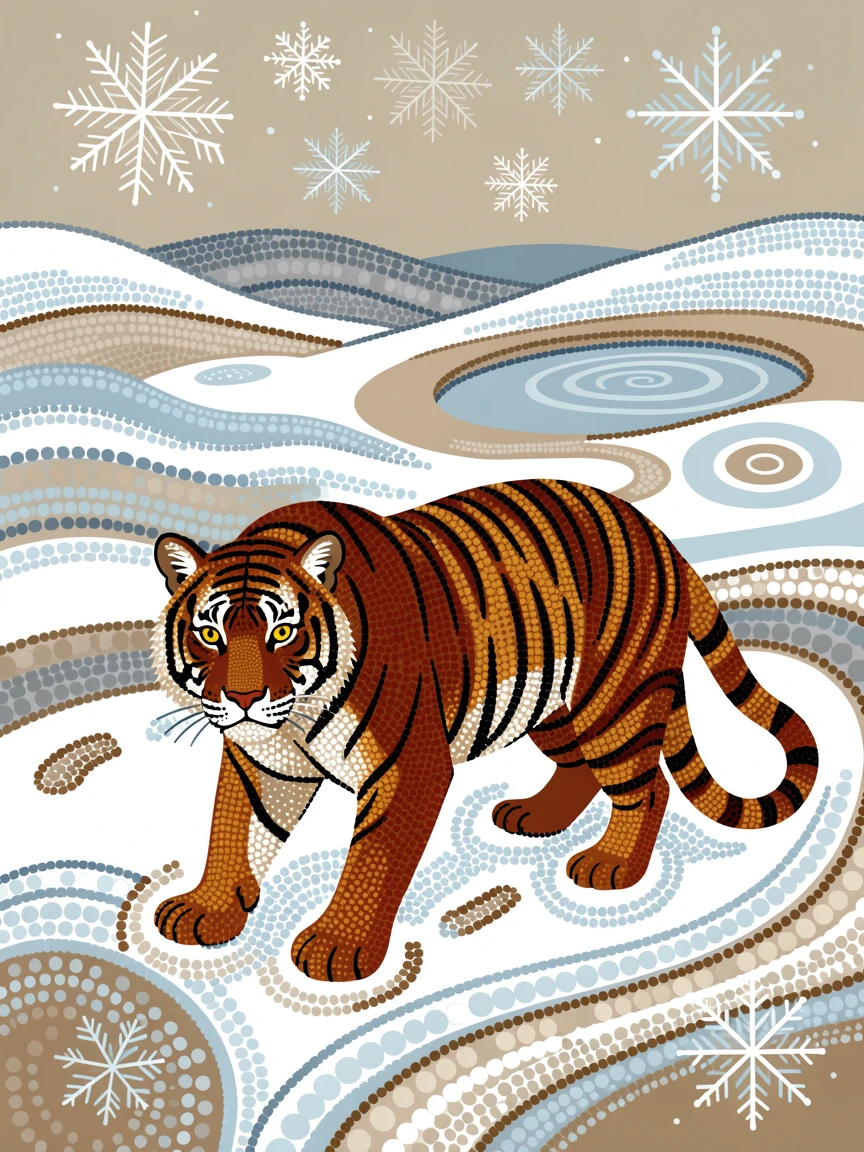 A tiger exploring a snowy landscape