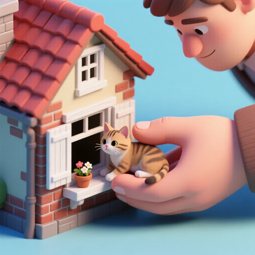 A giant gently placing a lost kitten back onto a windowsill, careful fingers cradling the tiny creature.