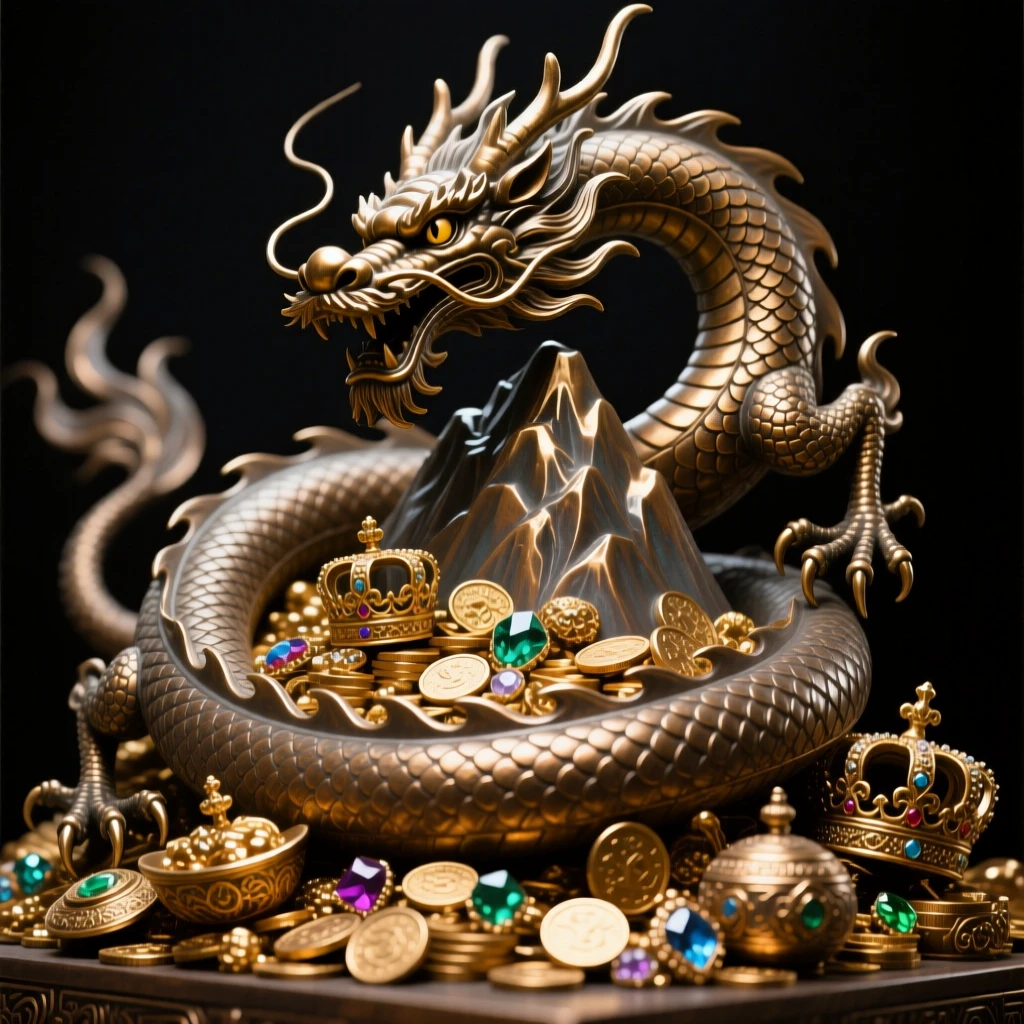 A coiled dragon guarding a mountain of treasure, with an aura of ancient power, radiating awe and grandeur