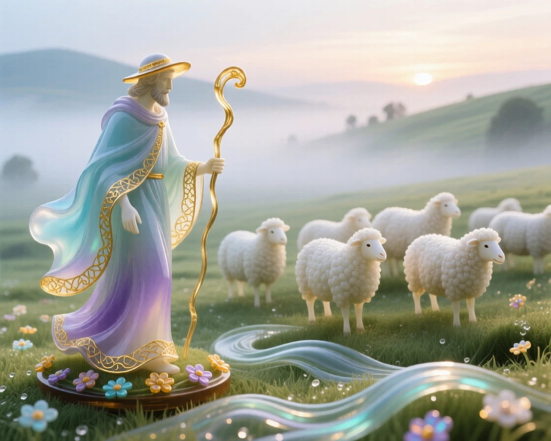 A lone shepherd guiding his flock across a misty highland meadow at dawn, pastoral and serene.