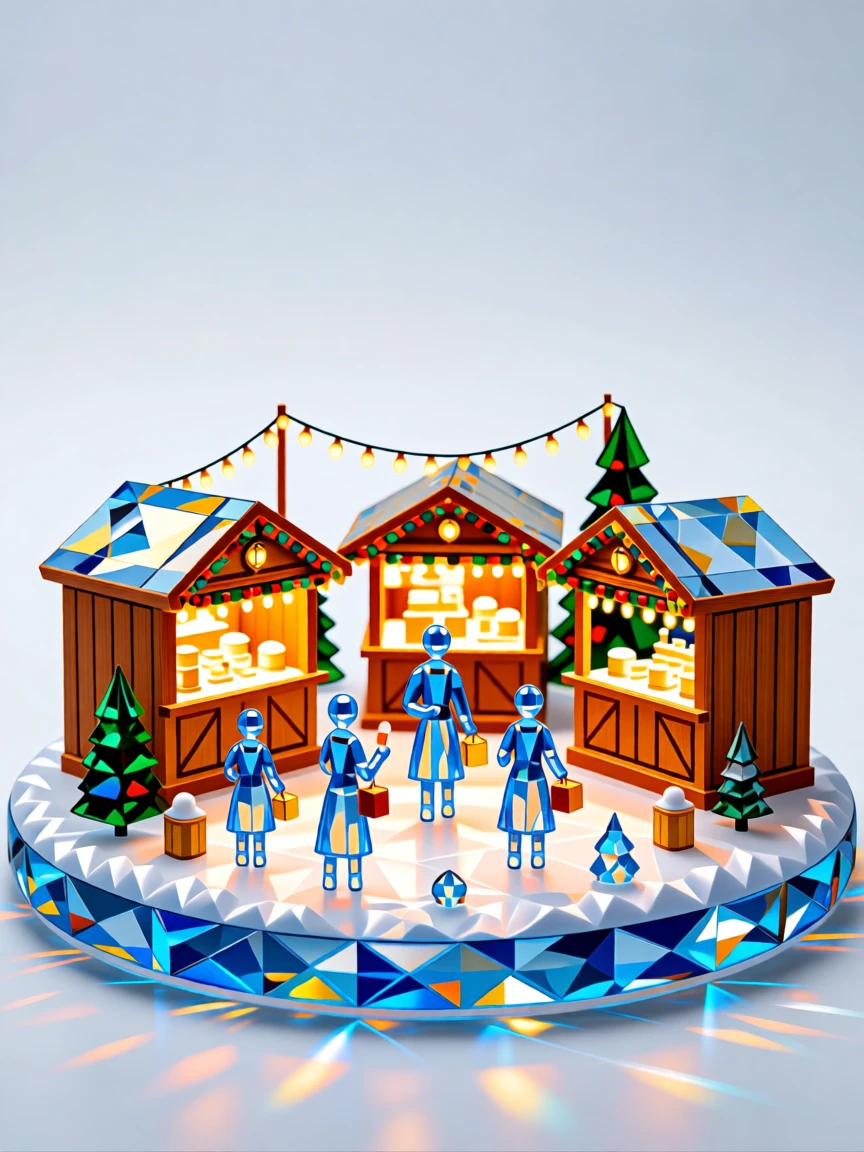 A Christmas market scene with twinkling lights and wooden stalls in a snowy European square.