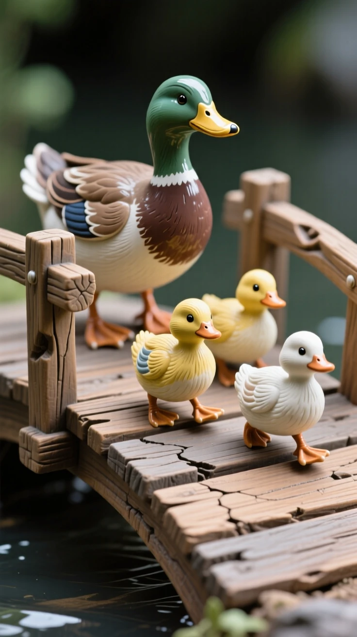 A duckling family crossing a wooden bridge posed mid-adventure with playful energy, with tiny expressive details bringing the scene to life, conveying pure, heartwarming whimsy.