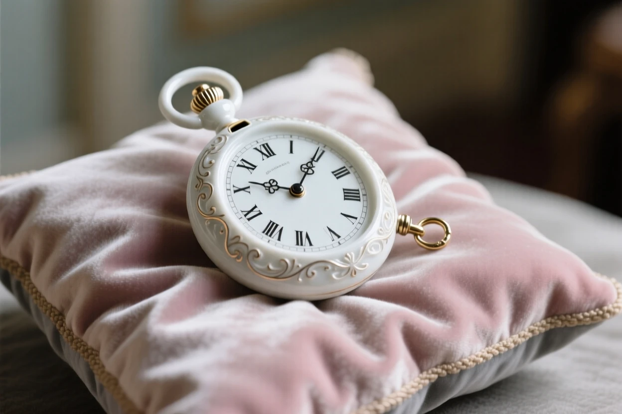 An elegant antique pocket watch on a velvet cushion, displayed as the centerpiece of a quiet room.