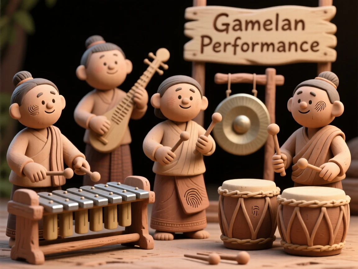 A group of performers playing traditional gamelan instruments