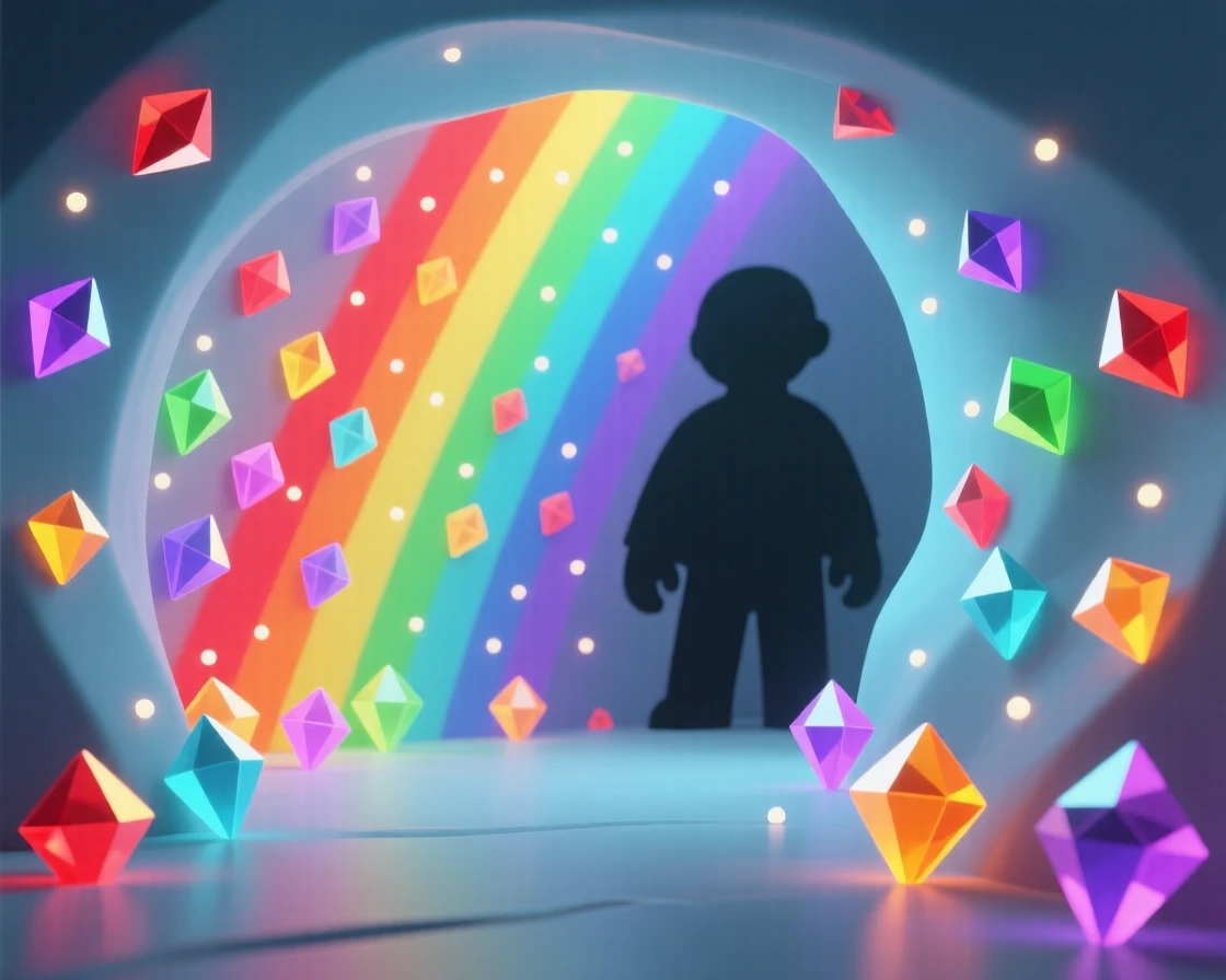 A crystal cave sparkles with thousands of glowing gemstones reflecting rainbow light across every surface.