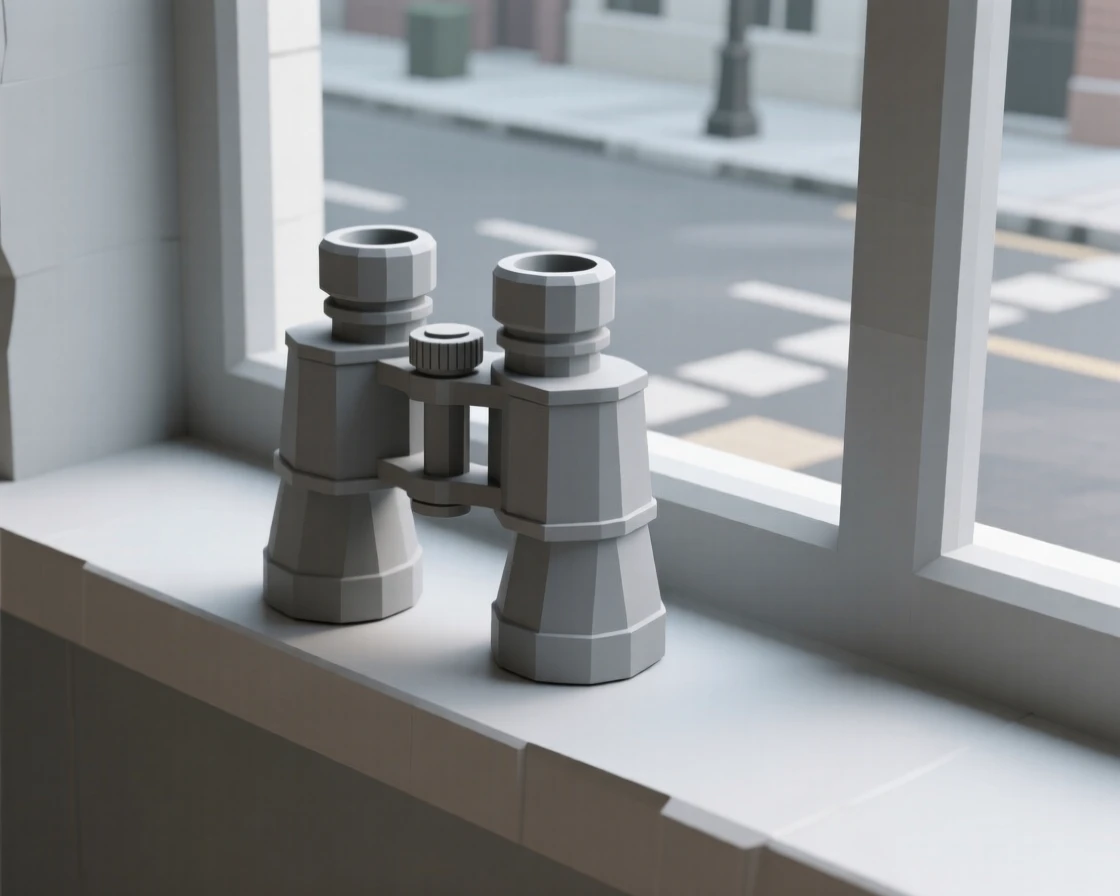 A pair of vintage binoculars on a windowsill, on a windowsill overlooking a quiet street. a shallow depth of field isolates the main object. There is a calm, contemplative stillness.