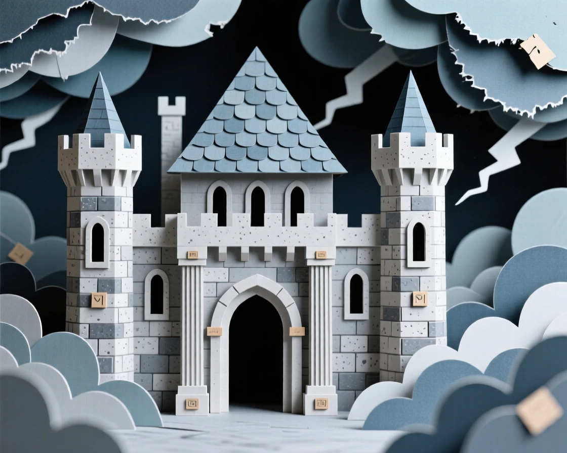 A centuries-old stone castle framed by dramatic storm clouds, with fine architectural symmetry drawing the eye, capturing refined elegance and history.
