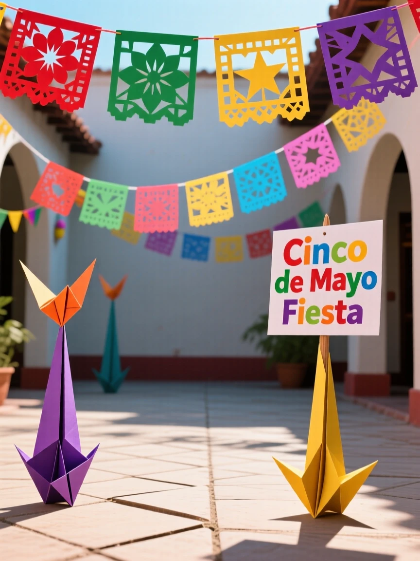 A Cinco de Mayo celebration with colorful papel picado banners strung across a courtyard.