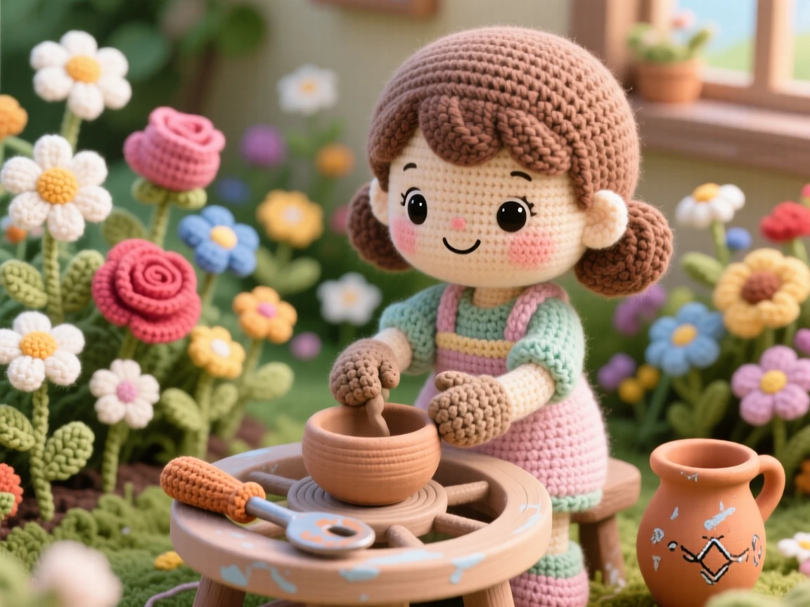 A cheerful scene of a little girl practicing pottery on a wheel with clay-covered hands, shaping a small bowl carefully within a home garden bursting with blooms; a favorite well-worn tool resting close by nearby, full of patient concentration and creative satisfaction.