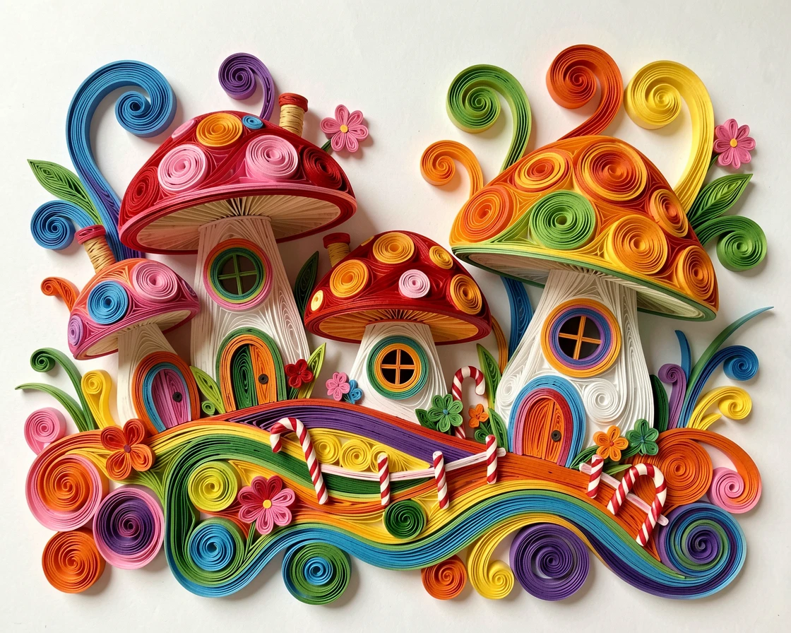 a tiny village of mushroom houses with round windows, in a candy-colored dreamland, composed with a fun, exaggerated sense of scale, in a cheerful rainbow palette.