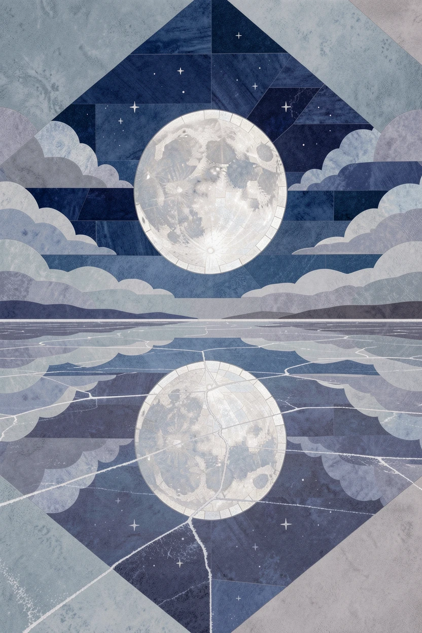 A vast salt flat mirroring the sky in perfect symmetry, glowing under the silver light of a full moon.