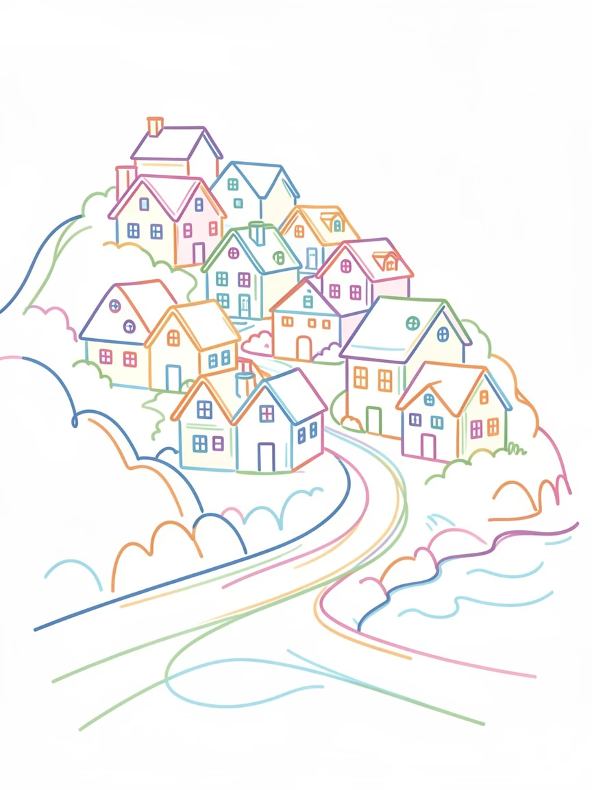 A quiet coastal town with pastel houses climbing a steep hillside.