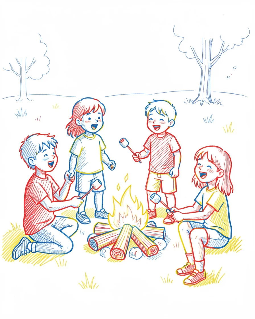 A festive summer camp bonfire with children singing and roasting marshmallows