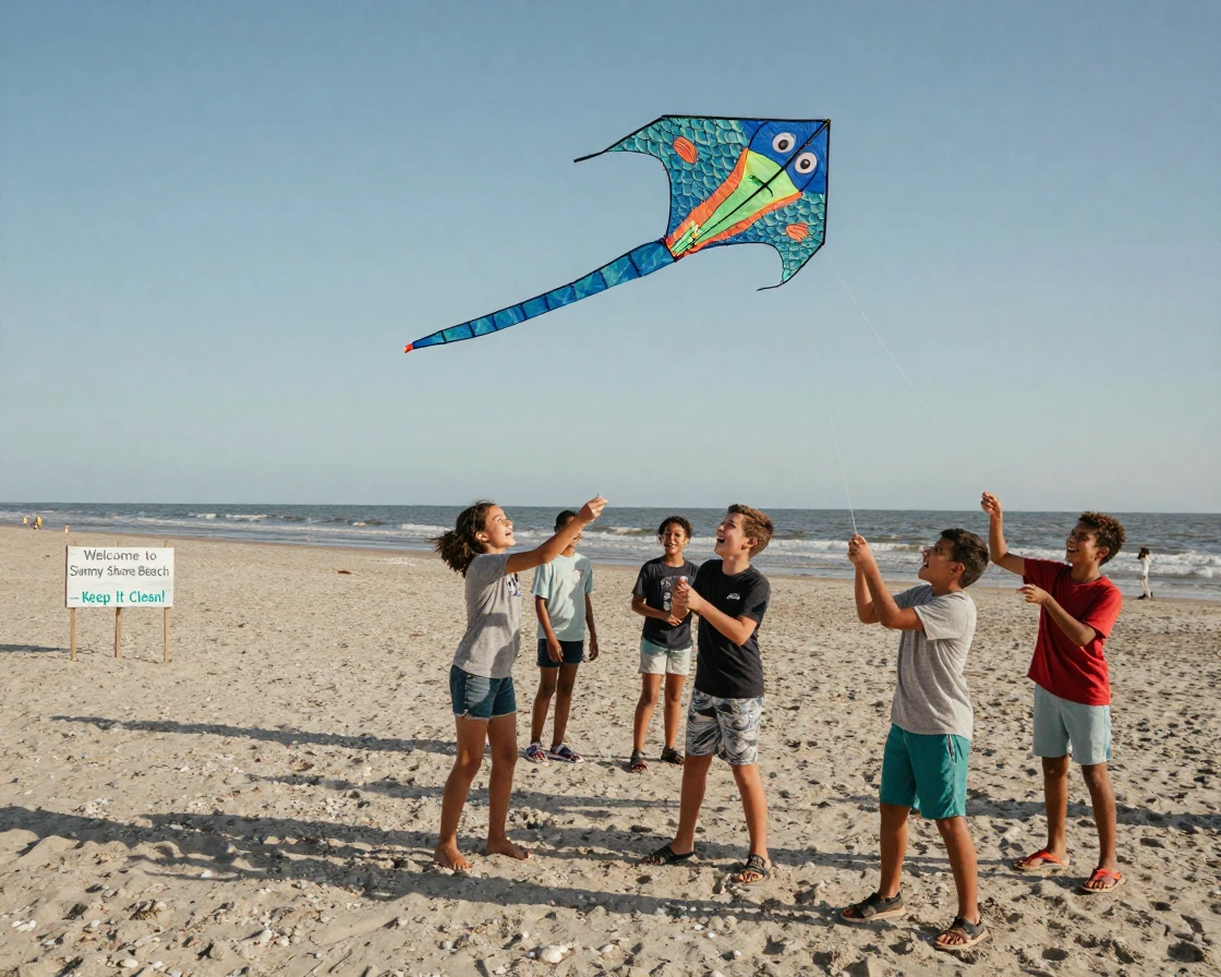 A giant kite shaped like a fish is flown by a team of children on a beach.