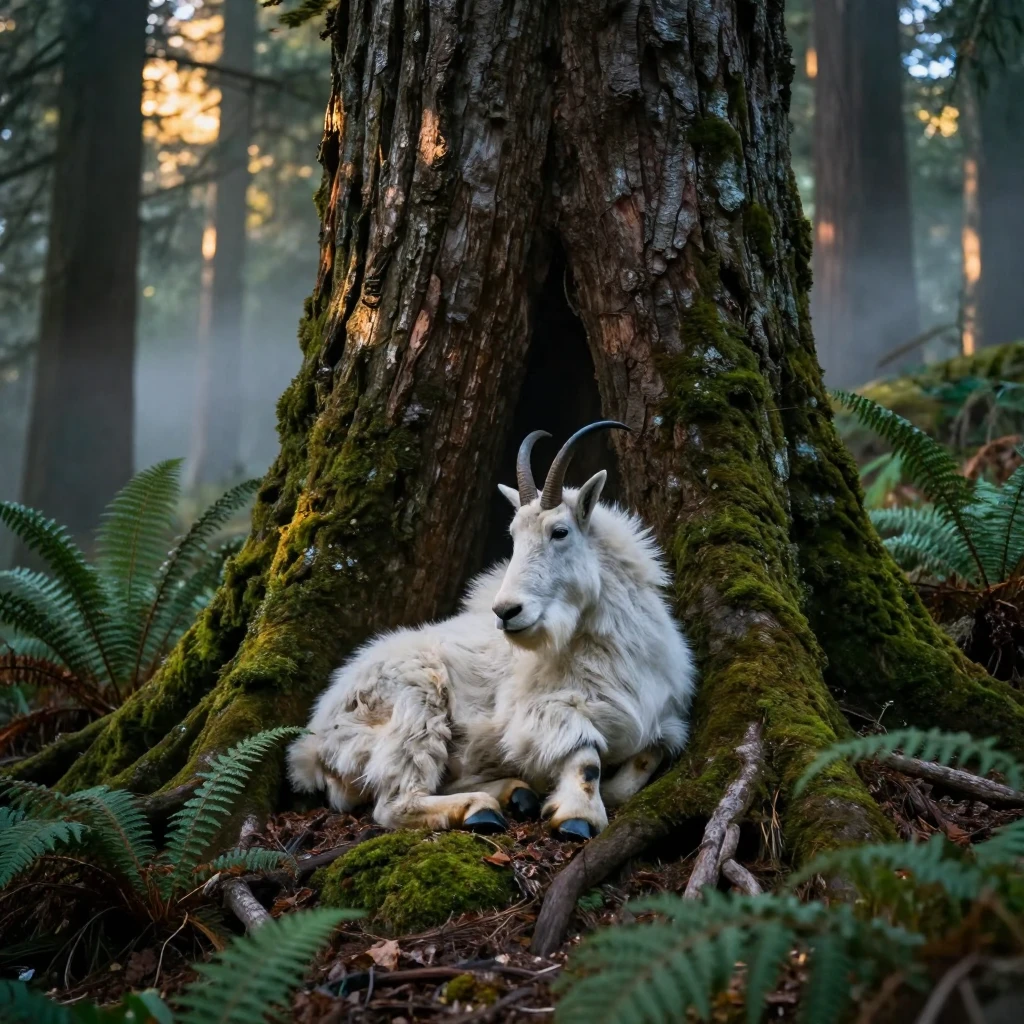 A mountain goat huddling together for warmth beneath the canopy of an ancient forest
