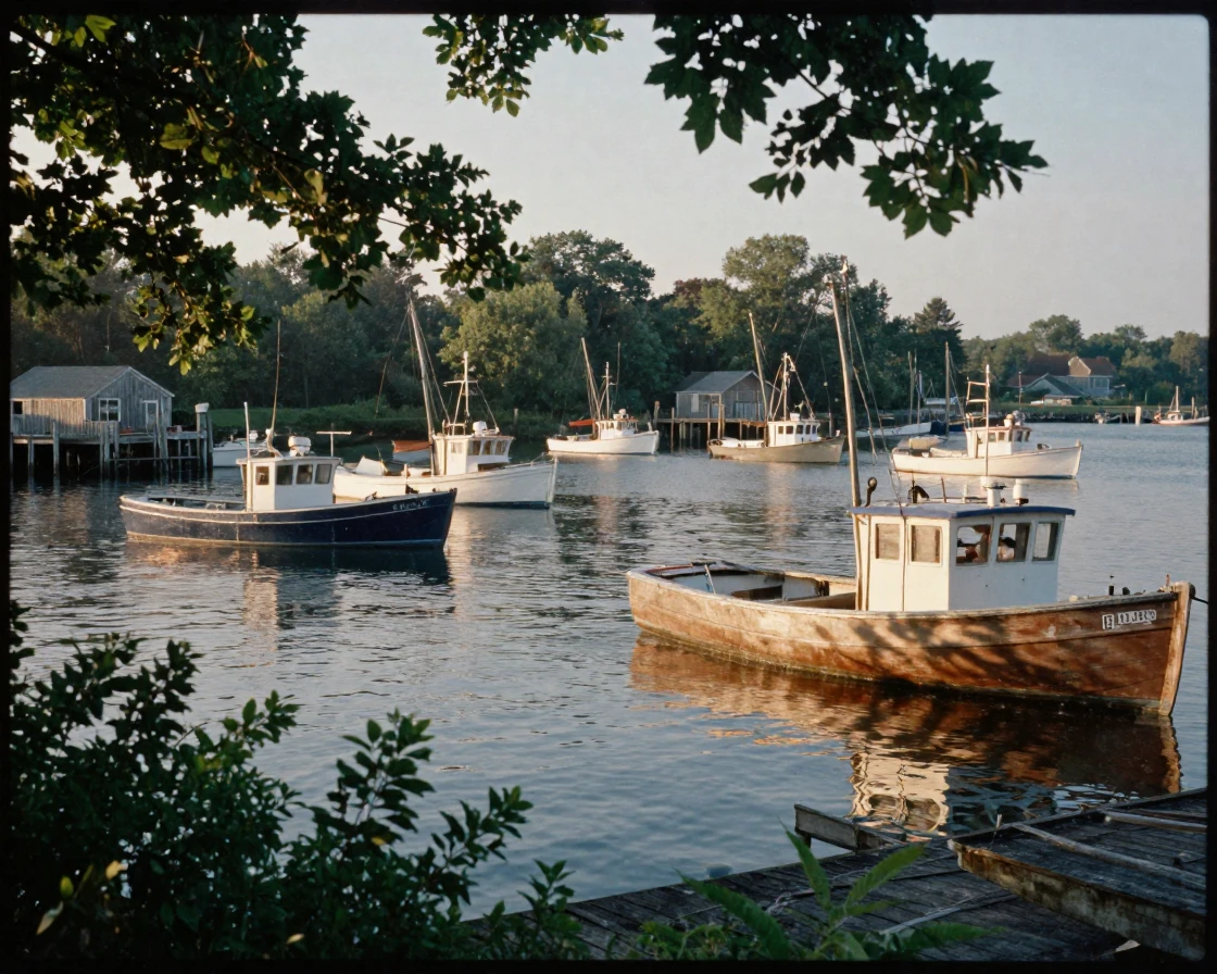 Fishing boats bobbing gently in a calm harbor at dawn, in dappled light filtering through leaves, in crisp, dry air, during the long days of summer, with deep emerald greens and browns, through a rain-streaked window.